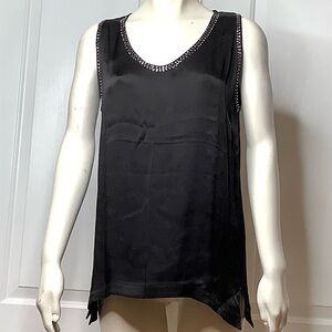 GOLD HAWK  Sample NWOT Black Satin Tank Rhinestone Trim Relaxed Fit Side Slits
